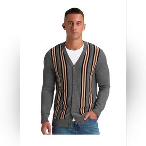 Men Striped Cardigan Sweater V Neck Button Down Knit Long Sleeve Preppy Academia